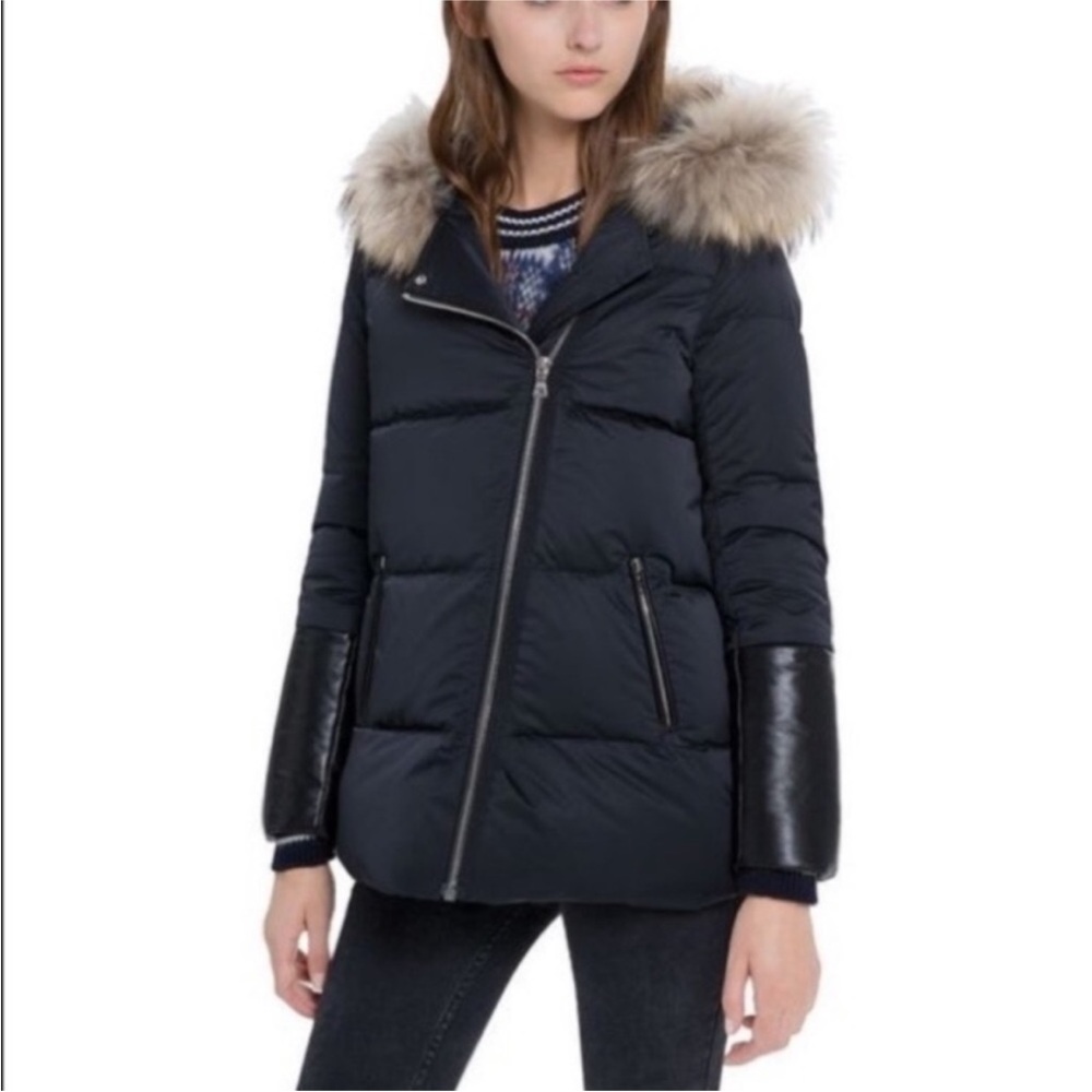 Sandro Paris Marcie black down jacket with fur and leather trim 2